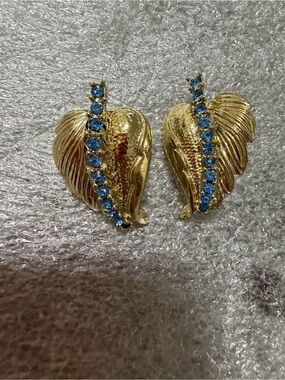 Gold Leaf Drop Earrings with Blue Crystal Accents Clip On Earrings